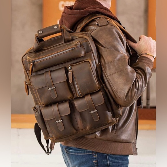 BRAND NEW GENUINE LEATHER COWHIDE BROWN BACKPACK  NWT - Picture 5 of 14